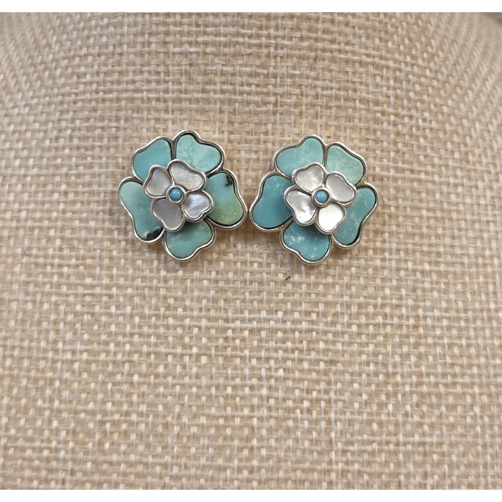 Stunning Sterling Silver‎ 3D Turquoise & Mother Of Pearl Flower Earrings